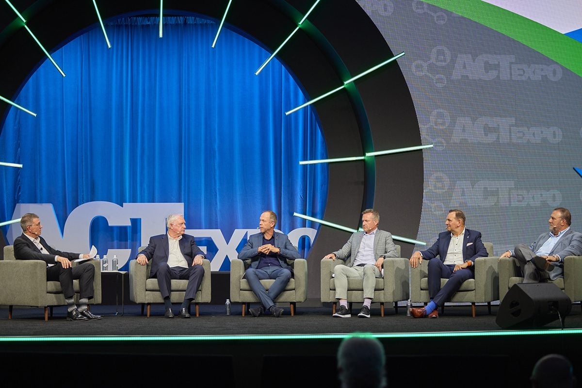 OEM Panel at ACT Expo mainstage with John O' Leary of Daimler Truck North America, Mathias Carlbaum of Navistar, Jason Skoog of Peterbilt and PACCAR, Peter Voorhoeve of Volvo Trucks North America, and Jonathan Randall of Mack Trucks North America.