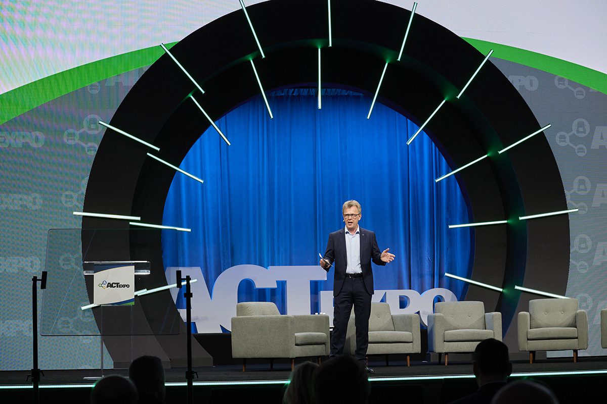 Roger Alm, president of Volvo Trucks, giving his keynote presentation on the opening day of ACT 2024.