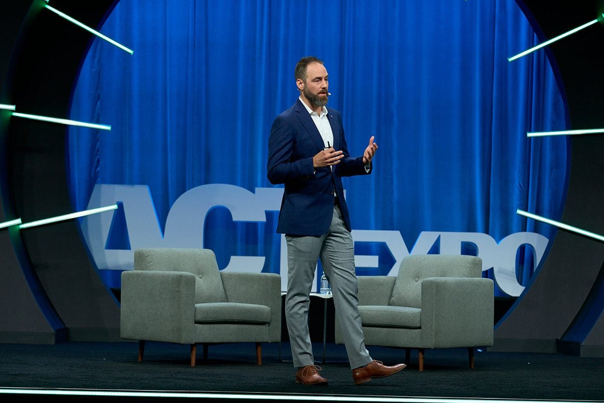 Dan Priestley, Tesla's Semi program's senior manager, giving a presentation at ACT Expo mainstage.